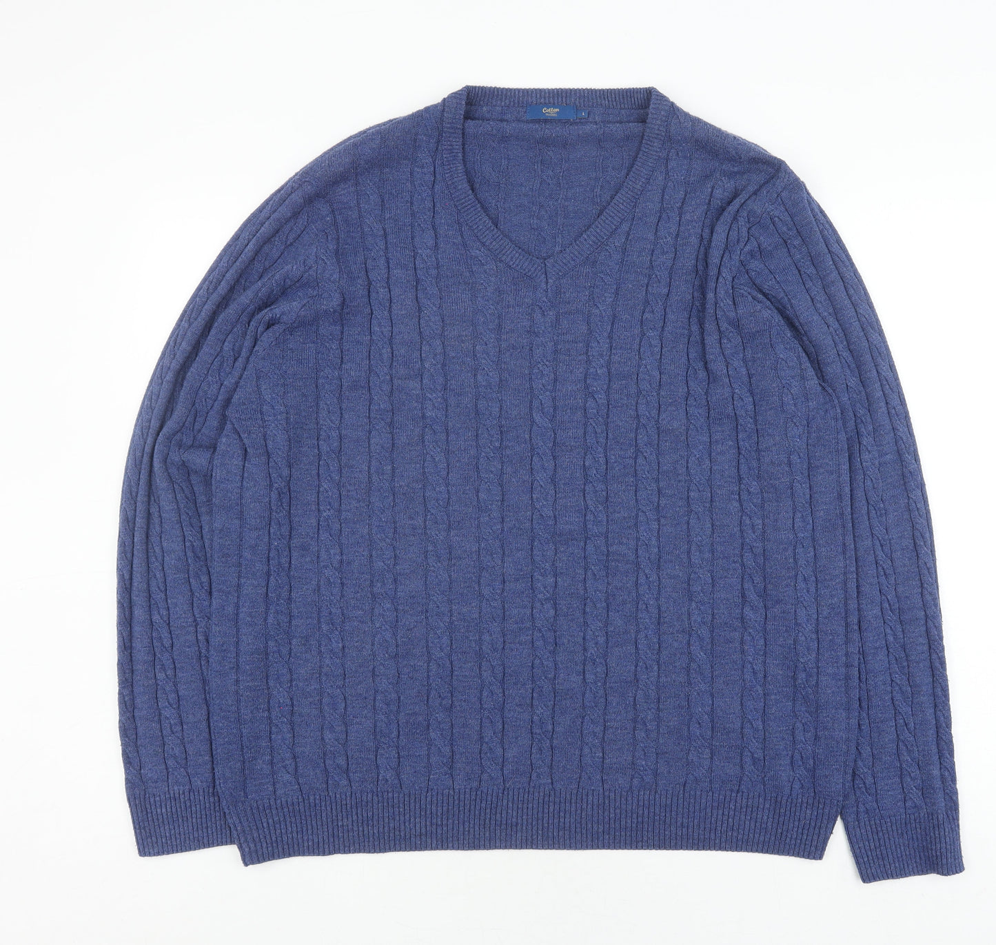 Cotton Traders Men's Blue V-Neck Cable Knit Jumper L