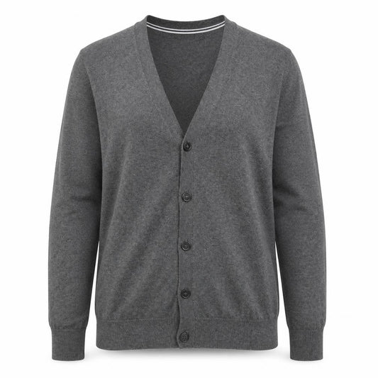 Front view of Pier One unisex grey cardigan m v-neck knit jumper