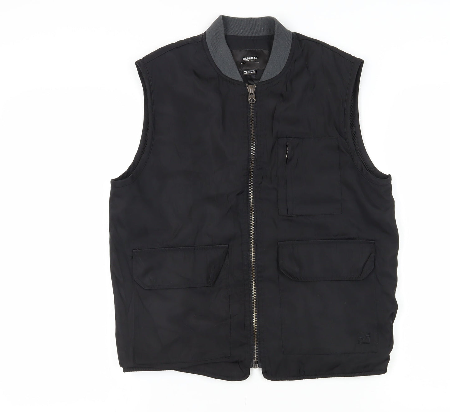 Pull&Bear Unisex Black Sleeveless Bomber Waistcoat, Size 8
