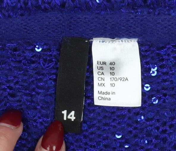 H&M Women's Blue Cardigan Size 14 Sequin V-Neck Knit