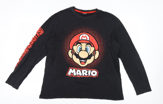Super Mario Men's Black XL Long Sleeve Cotton T-Shirt