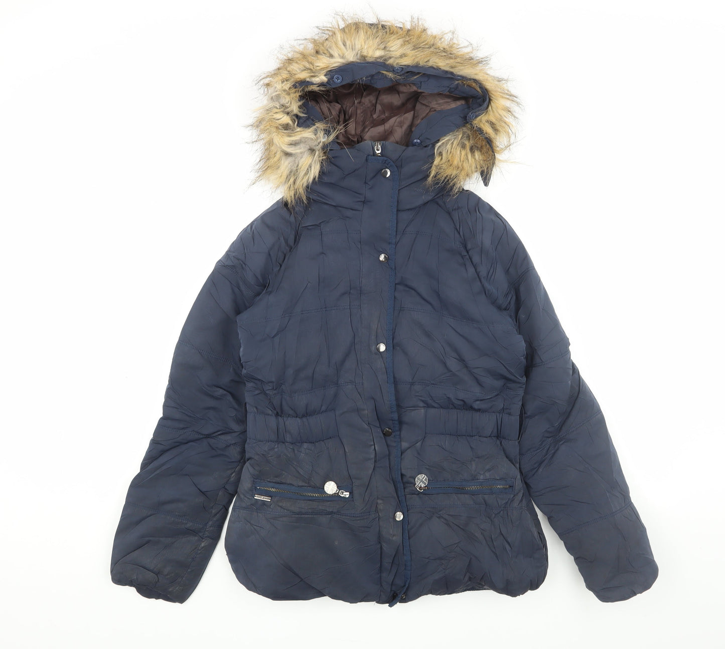 Pepe Jeans Women's Blue S Puffer Jacket with Faux Fur Hood