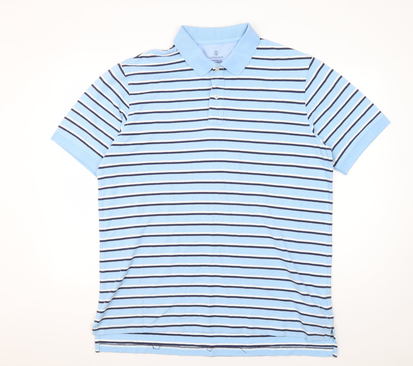 Lands' End Men's Blue Striped Polo Shirt - Medium