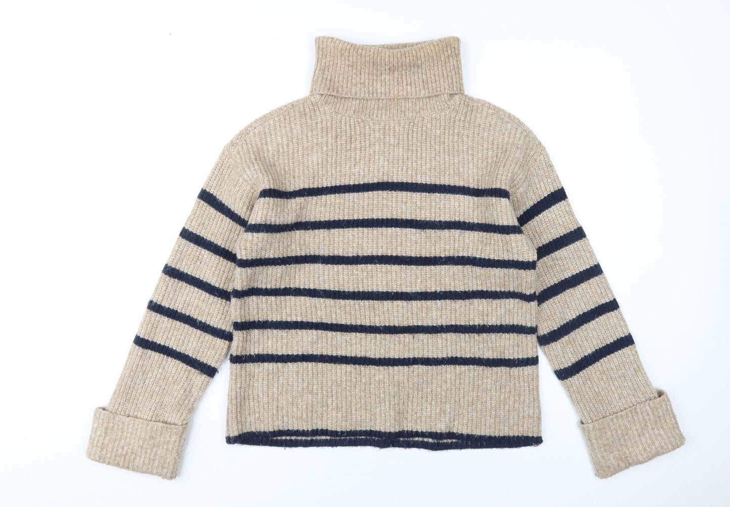 Marks and Spencer Women Beige Striped Roll Neck Jumper XS