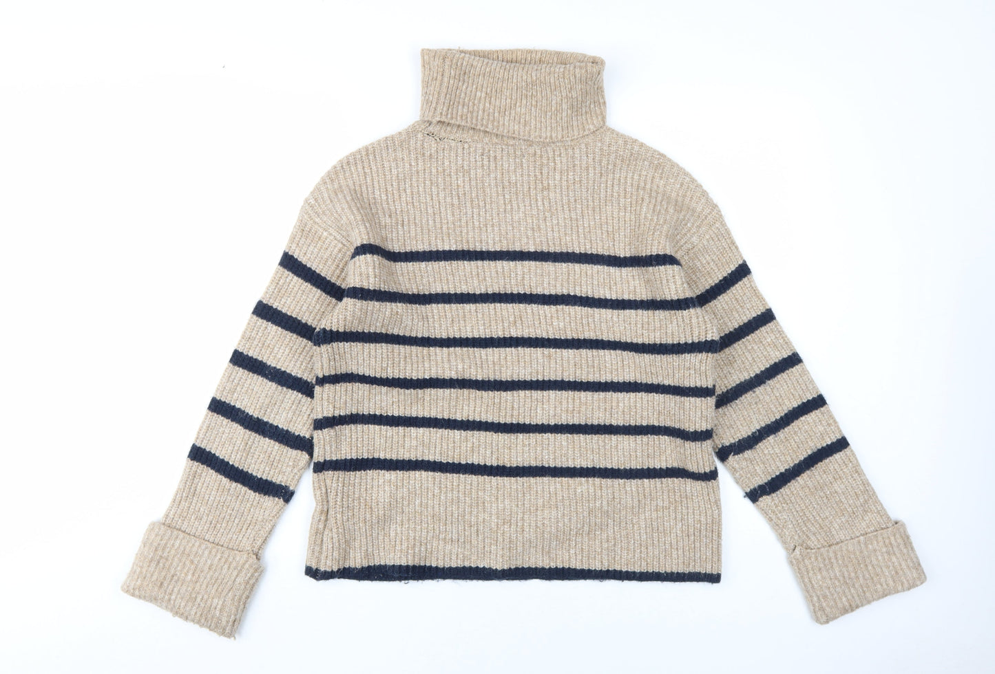 Marks and Spencer Women Beige Striped Roll Neck Jumper XS