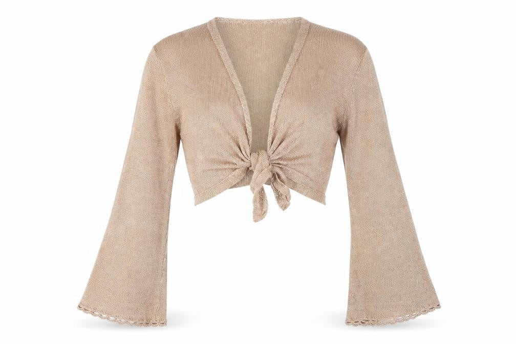 Topshop Women's Beige Cropped Bell Sleeve V-Neck Top