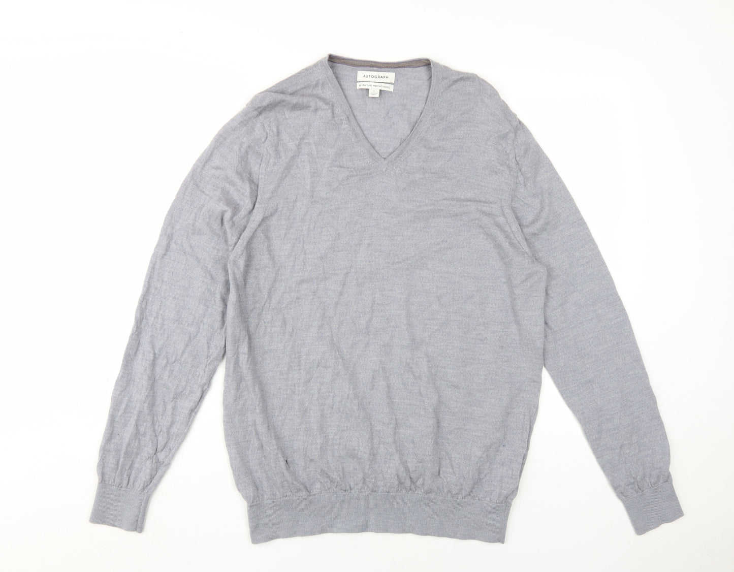 Marks and Spencer Men's Grey Wool V-Neck Pullover L