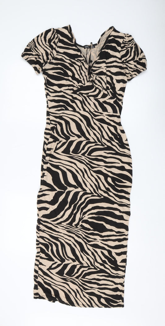 Boohoo Beige Animal Print Midi Bodycon Dress Size 12
