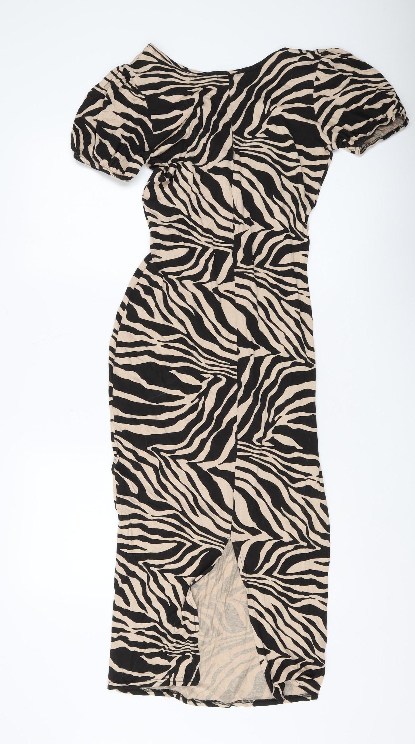 Boohoo Beige Animal Print Midi Bodycon Dress Size 12