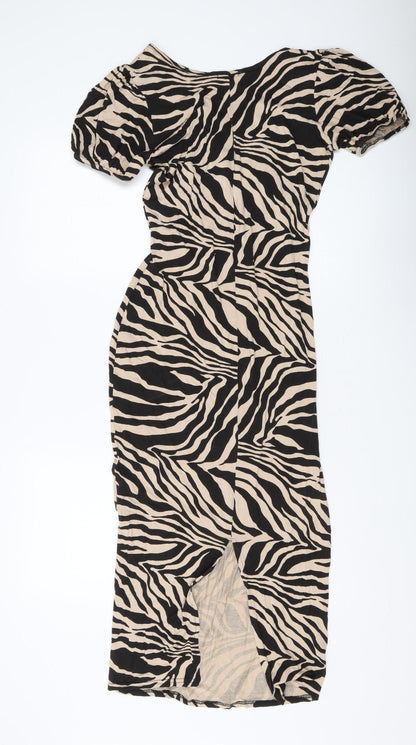 Boohoo Beige Animal Print Midi Bodycon Dress Size 12