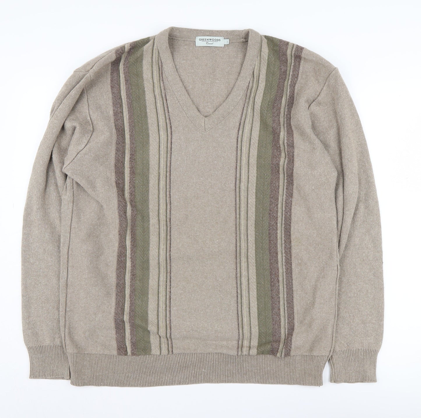 Greenwoods Men's Beige V-Neck Striped Pullover - L