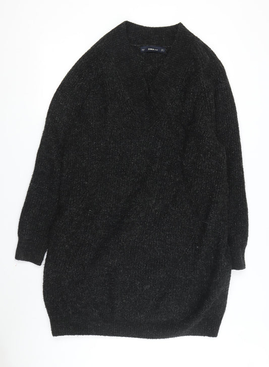 Zara Womens Black Knit Jumper Dress Size S Casual V-Neck