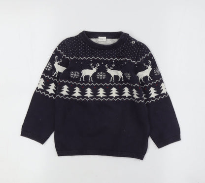 H&M Boys Blue Reindeer Knit Jumper 2 Years Winter