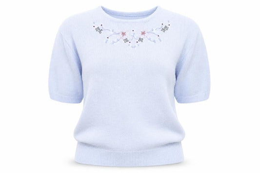 Front view of Honor Millburn Women's Blue Floral Knit Pullover L