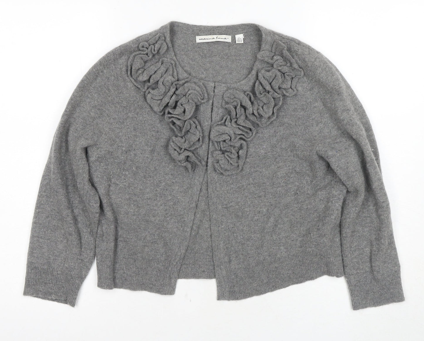 Monica Lura Women's Grey Cardigan - Size 12, Ruffle Accent