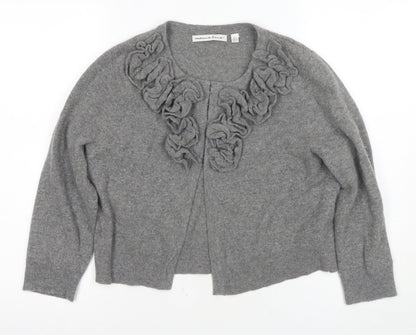 Monica Lura Women's Grey Cardigan - Size 12, Ruffle Accent