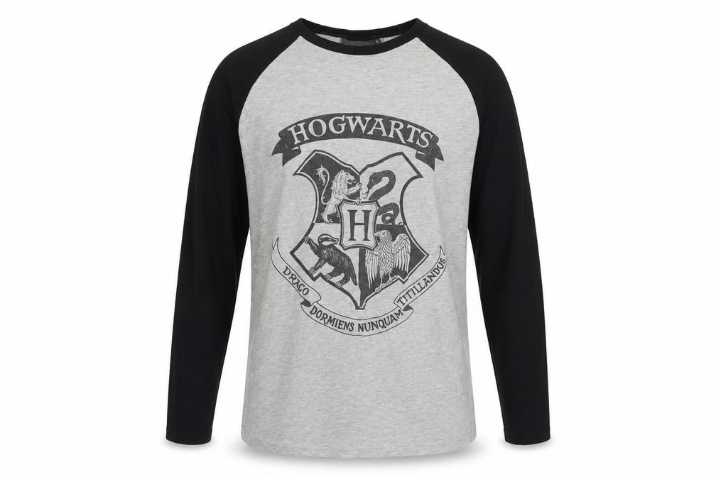 Front view of Harry Potter unisex hogwarts t-shirt m grey/black jersey