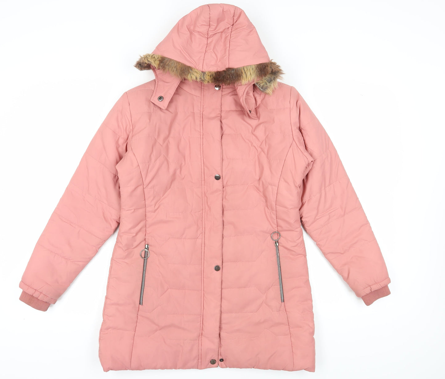 Sparkey Women's Pink Long Puffer Jacket L, Hooded, Fur Trim