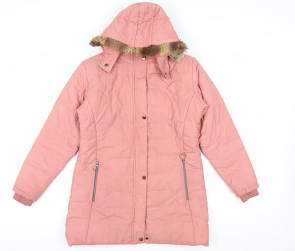 Sparkey Women's Pink Long Puffer Jacket L, Hooded, Fur Trim