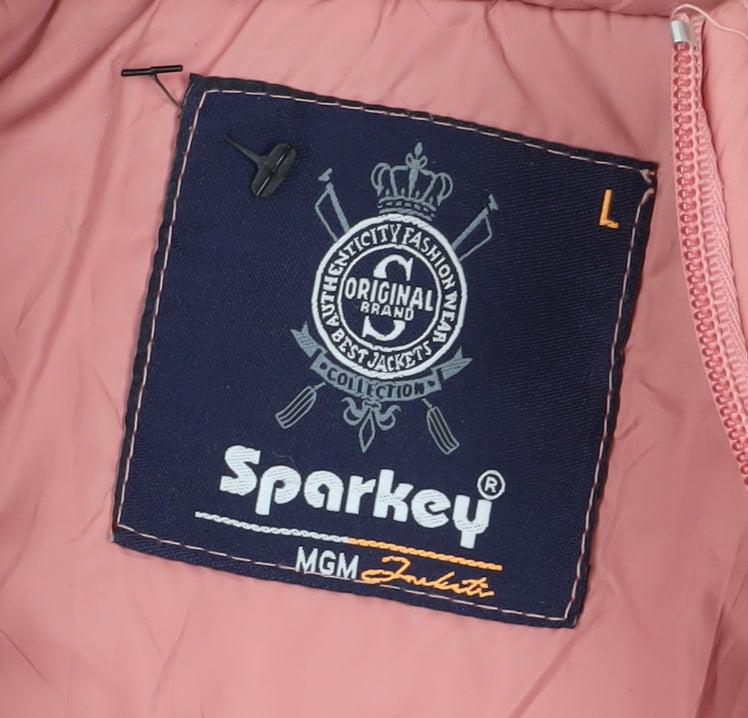 Sparkey Women's Pink Long Puffer Jacket L, Hooded, Fur Trim