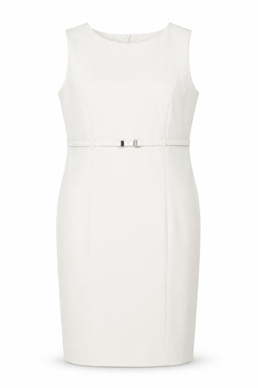 Front view of Kaliko Women's Beige Sheath Dress, size 16, Belted Style