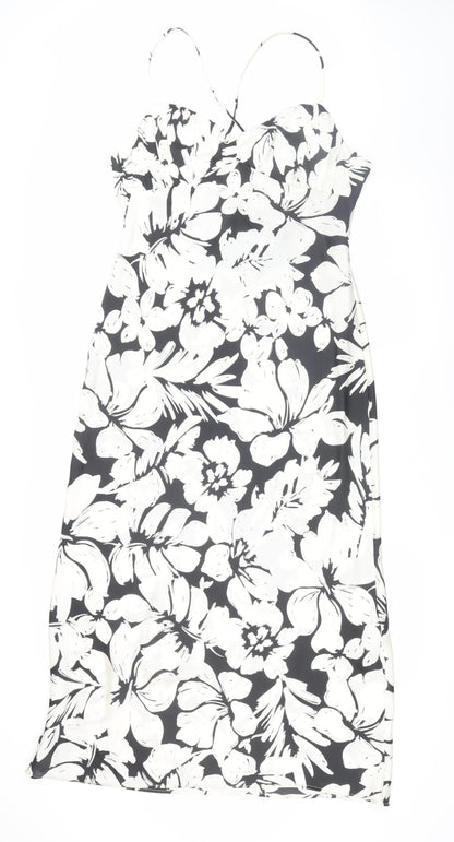 Zara Women's Black and White Floral Midi Slip Dress L