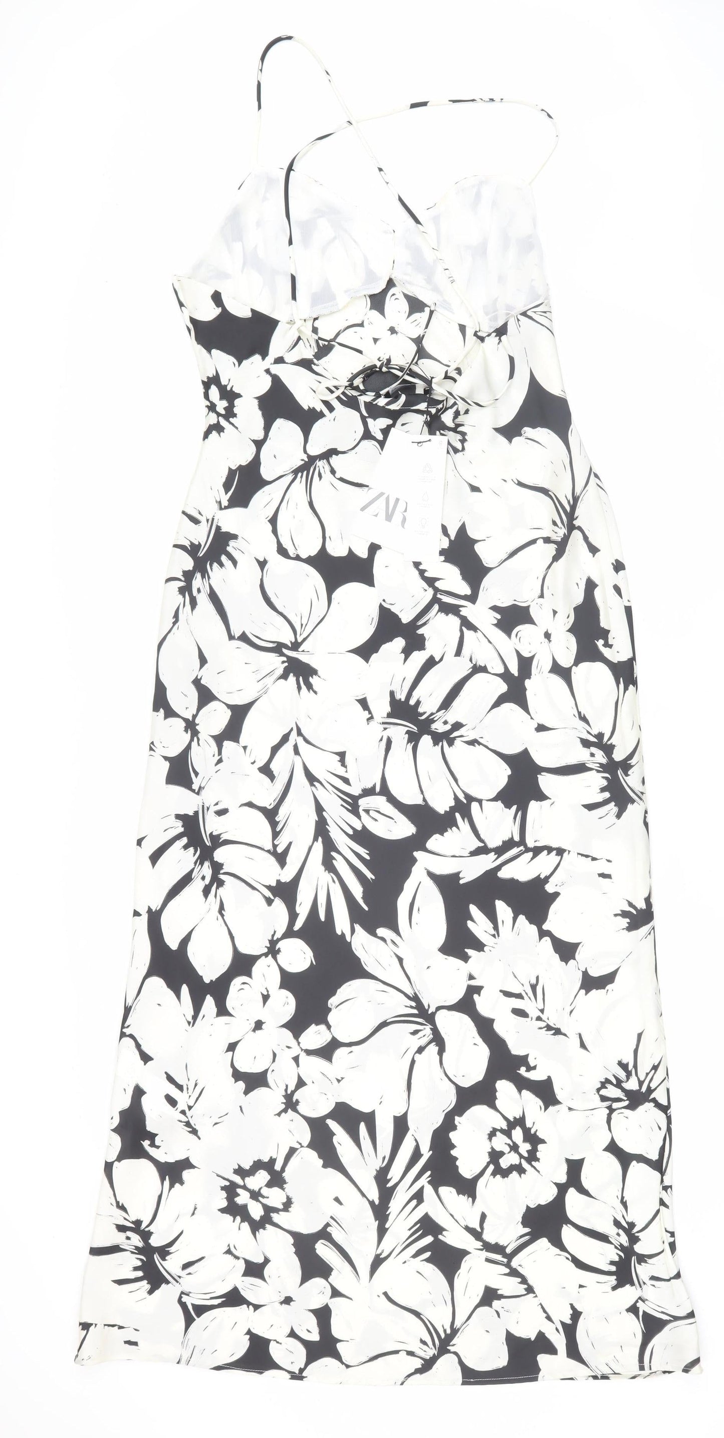 Zara Women's Black and White Floral Midi Slip Dress L