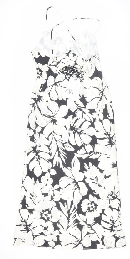 Zara Women's Black and White Floral Midi Slip Dress L