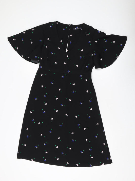 Marks and Spencer Women's Black Floral A-Line Dress, Size 8