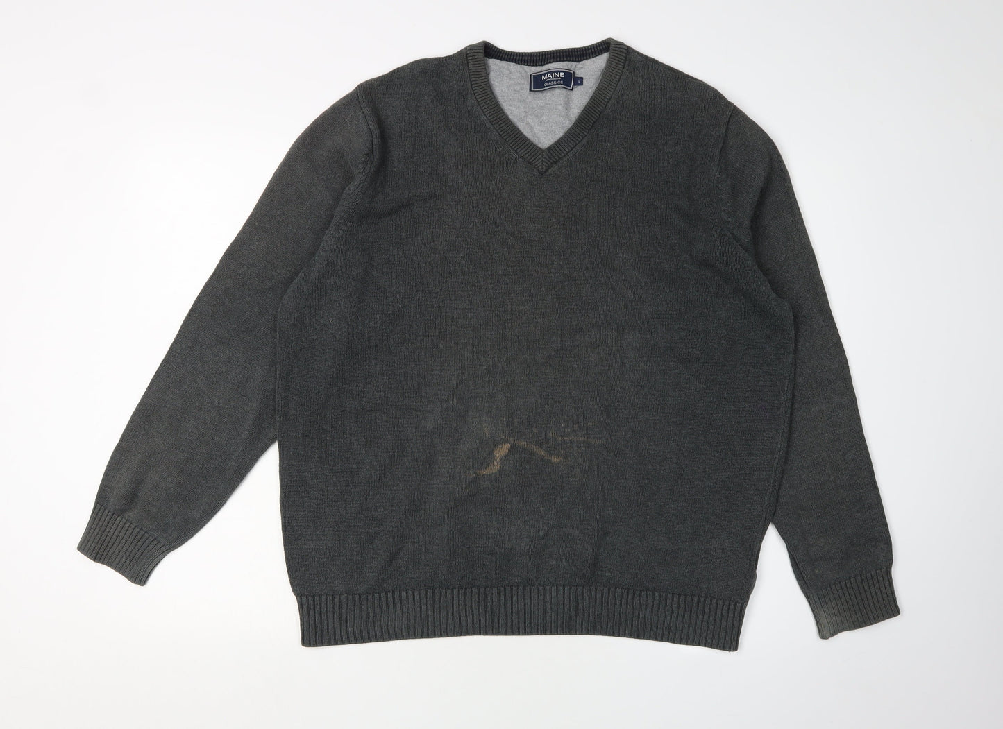 Maine New England Men's Grey V-Neck Pullover Jumper L