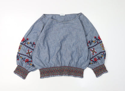 GAP Women's Blue Embroidered Tunic Blouse, XS, Cotton