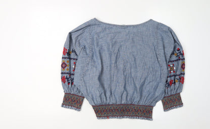 GAP Women's Blue Embroidered Tunic Blouse, XS, Cotton