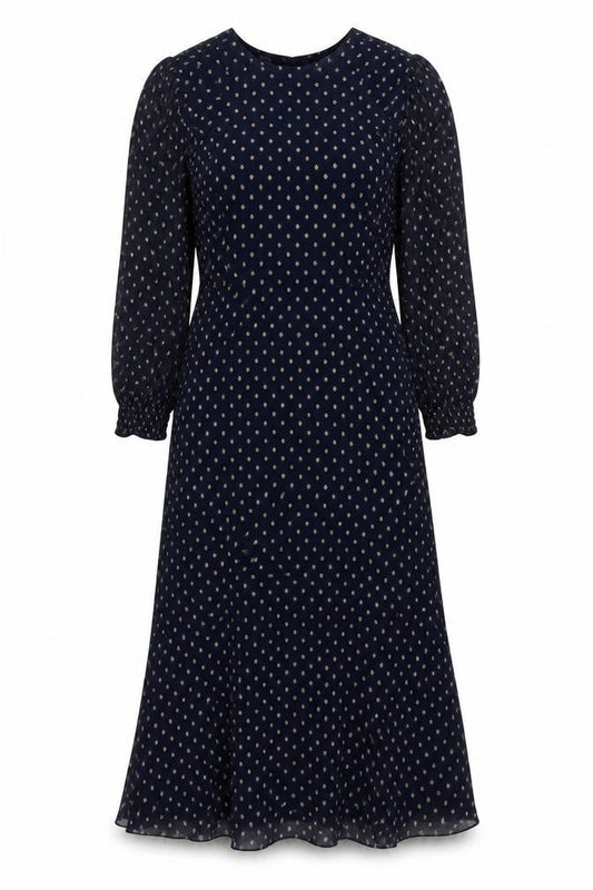Front view of Mint Velvet Blue Polka Dot Midi Dress, size 6