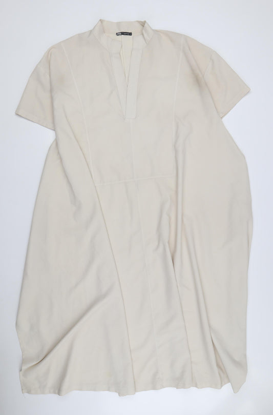 ZARA Women Beige Midi Shift Dress XS, Casual Spring