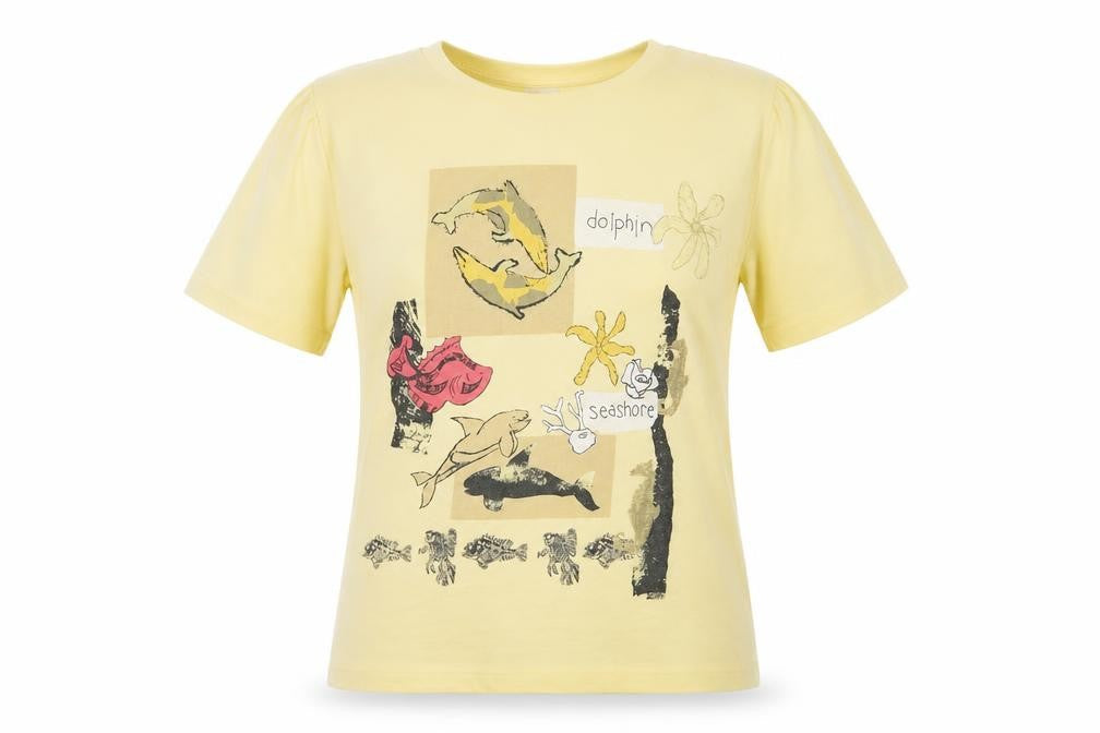 Front view of Poppy unisex yellow dolphin t-shirt m - casual summer wear