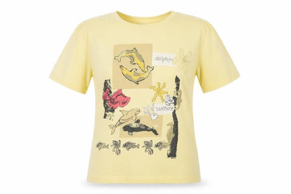 Front view of Poppy unisex yellow dolphin t-shirt m - casual summer wear