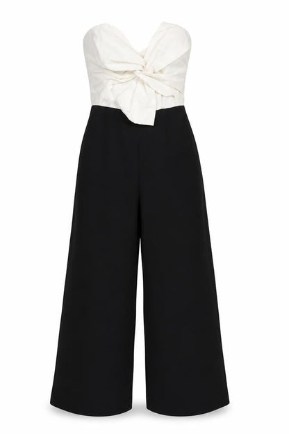Front view of Miss Selfridge Women’s White Black Bow Jumpsuit, size UK 8