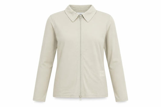 Front view of Weekday Beige unisex long sleeve zip button-up m