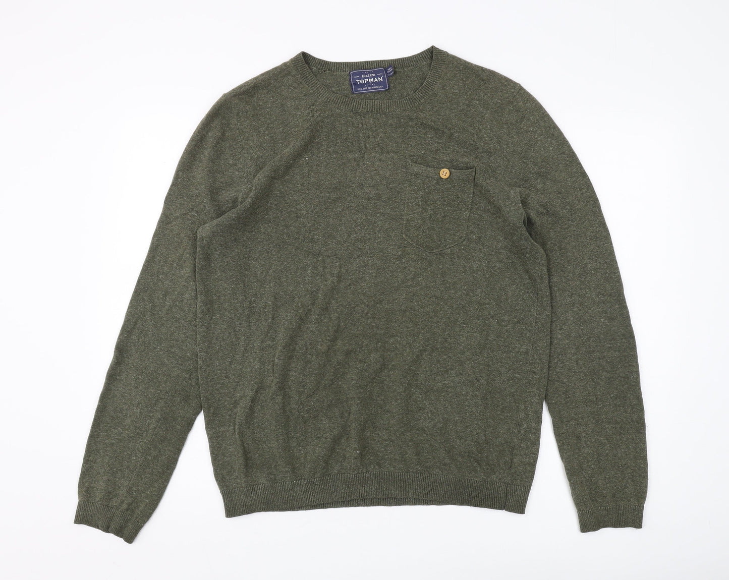 Topman Men's Green Cotton Blend Pullover Jumper L