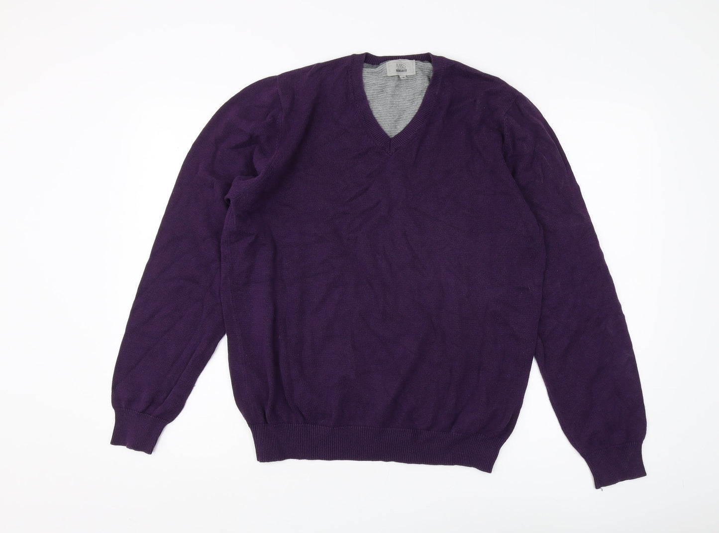 Marks & Spencer Men's Purple V-Neck Cotton Pullover M