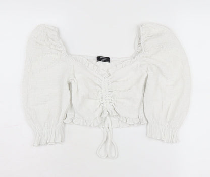 Bershka Women’s White Cropped Puff Sleeve Top - S