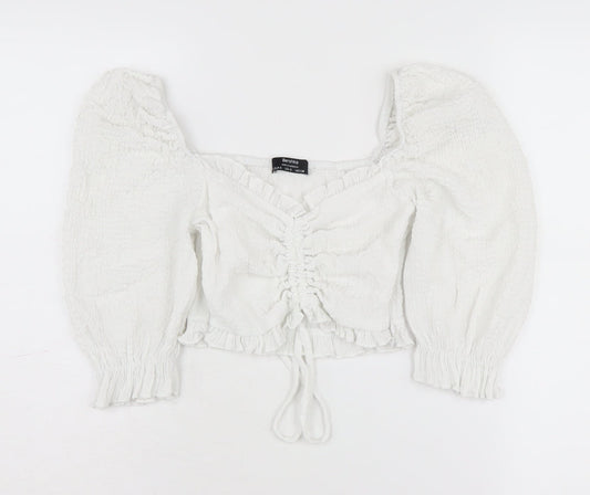 Bershka Women’s White Cropped Puff Sleeve Top - S