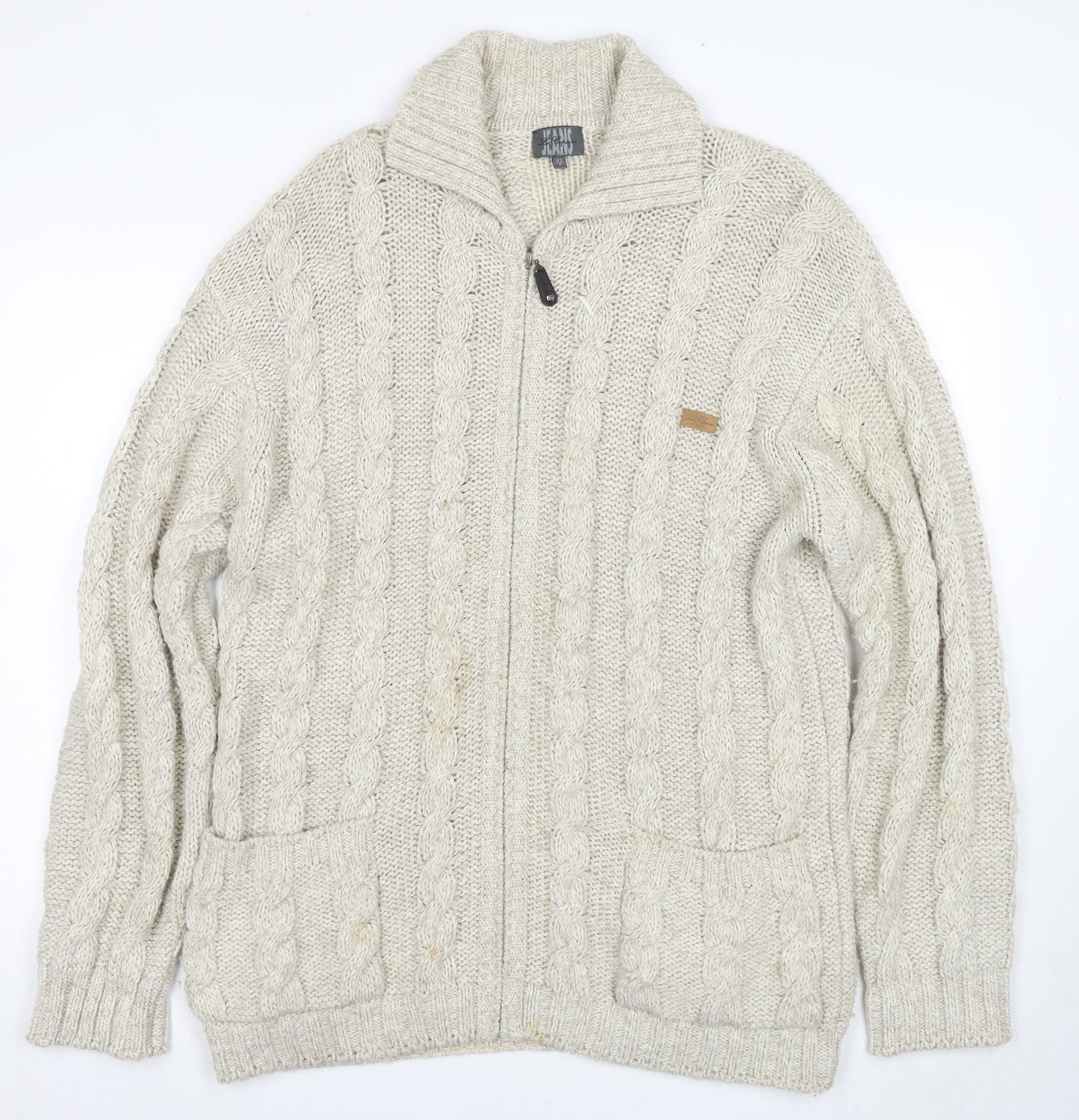 Les Copains Mens Beige Full Zip Cable-Knit Jumper Size S