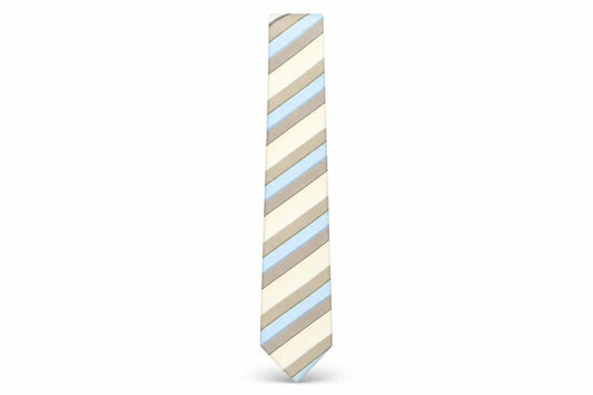 Front view of Thomas Nash Men's Beige Blue Striped Slim Tie