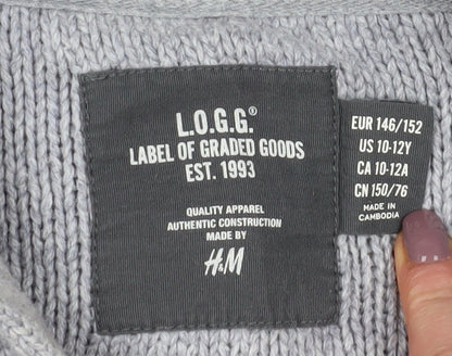 H&M Boys Grey Cardigan 11-12 Years Wool Blend Elbow Patches