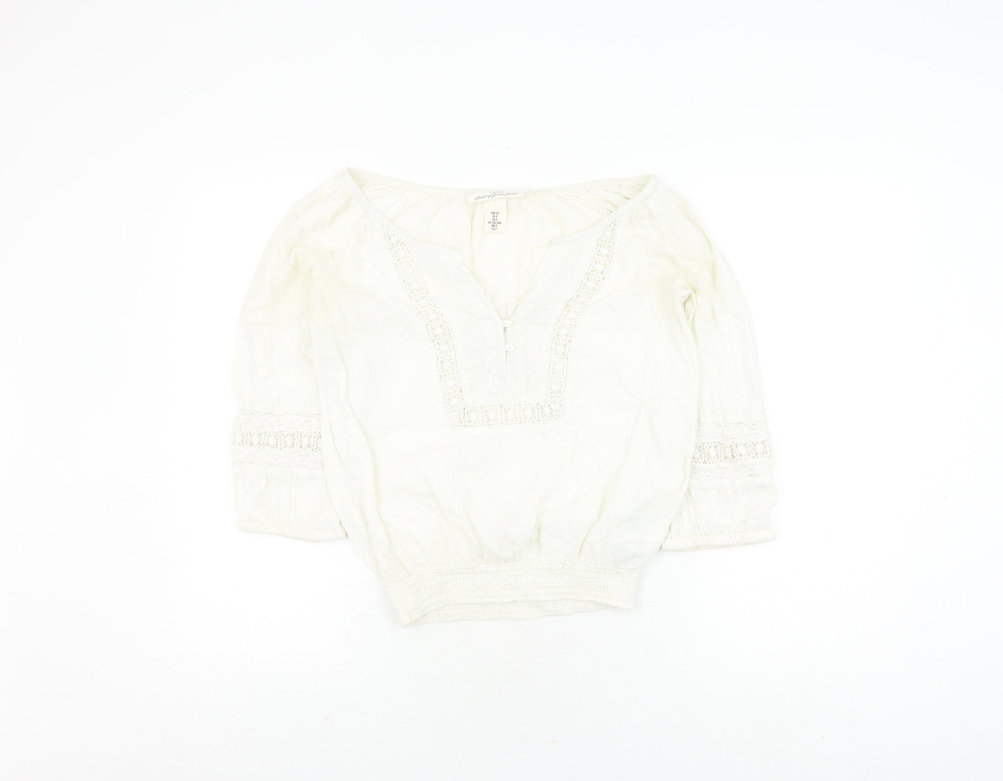 H&M Women's White Bohemian Blouse, Size 6, 3/4 Sleeve