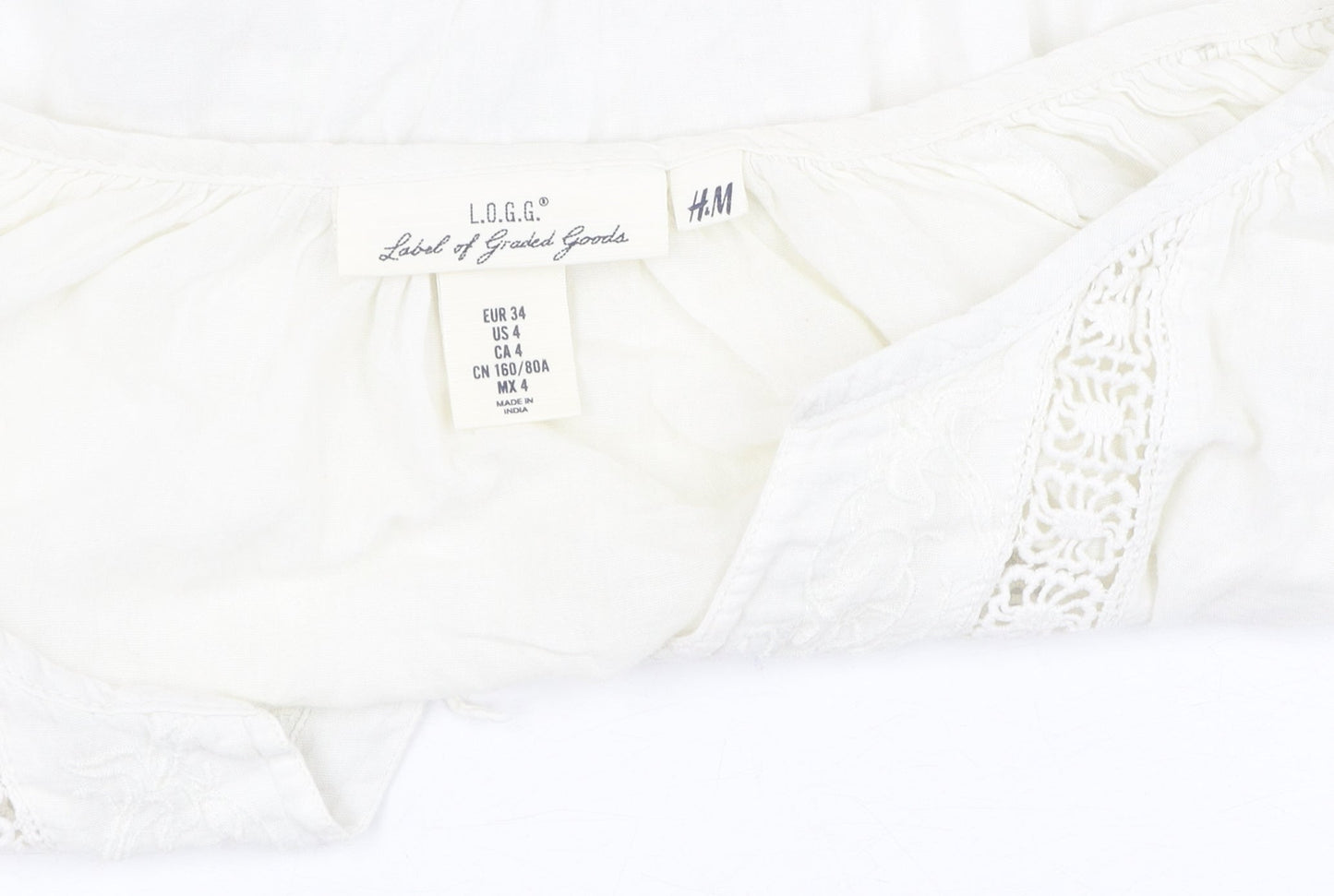 H&M Women's White Bohemian Blouse, Size 6, 3/4 Sleeve