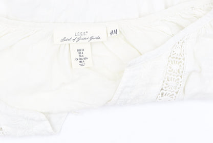 H&M Women's White Bohemian Blouse, Size 6, 3/4 Sleeve