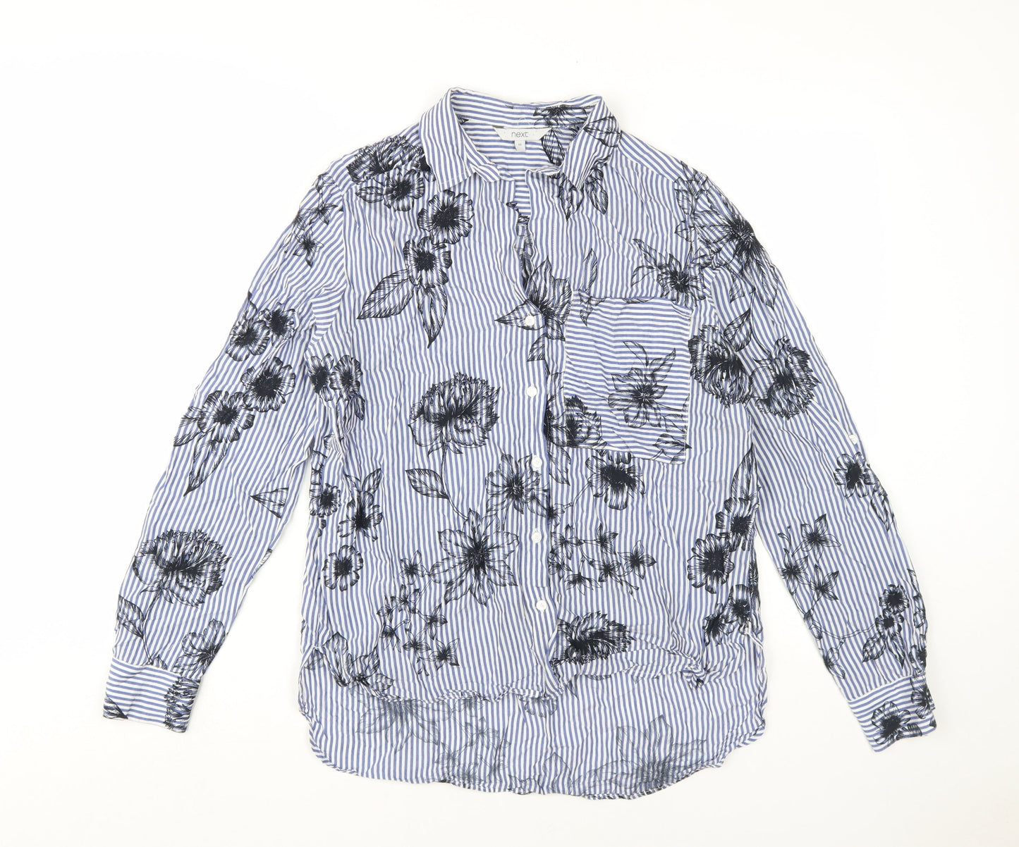 Next Women's Blue Floral Striped Button-Up Shirt, Size 10