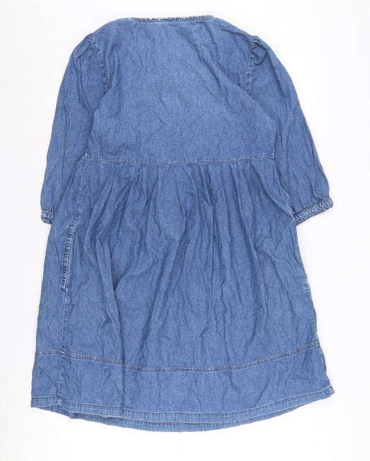 Monsoon Women's Blue Cotton Shirt Dress 3/4 Sleeve, Size 14